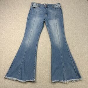 KanCan Flare High Rise Front Seam Jean SZ 32 Light Wash Super Stretch Frayed Hem